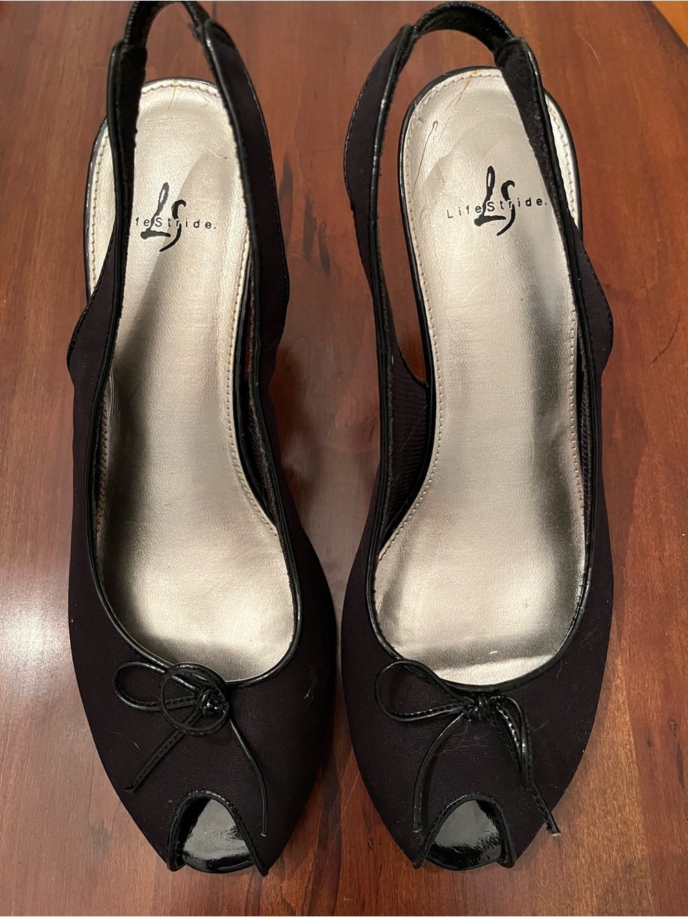 Life Stride Black Peep-Toe Slingback heels with Bow Accent